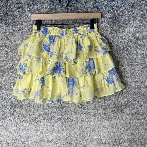 LoveShackFancy Skirt Womens Petite Yellow Floral Ruffle Mini Silk Blend Tiered - Picture 1 of 7